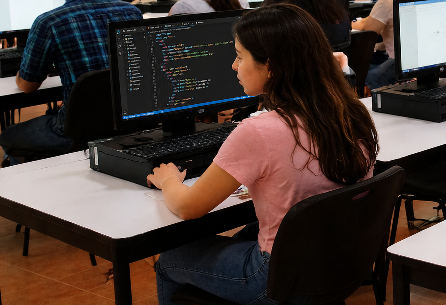 Estudiante programando en aula informática
