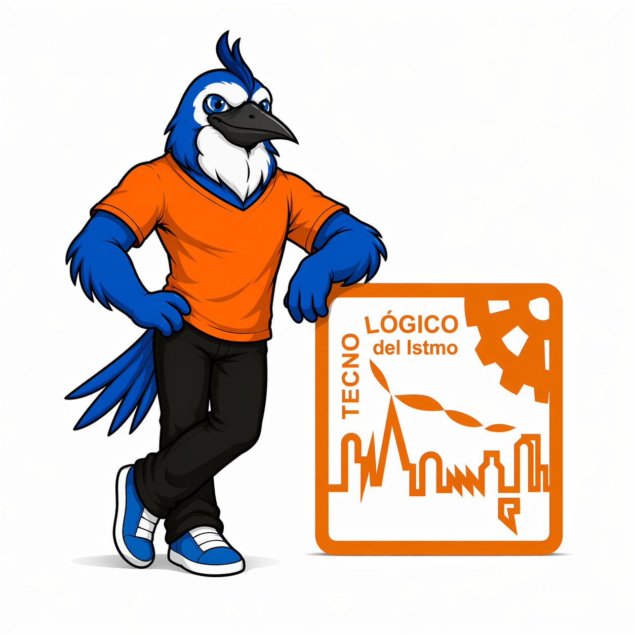 Mascota azul con logo naranja