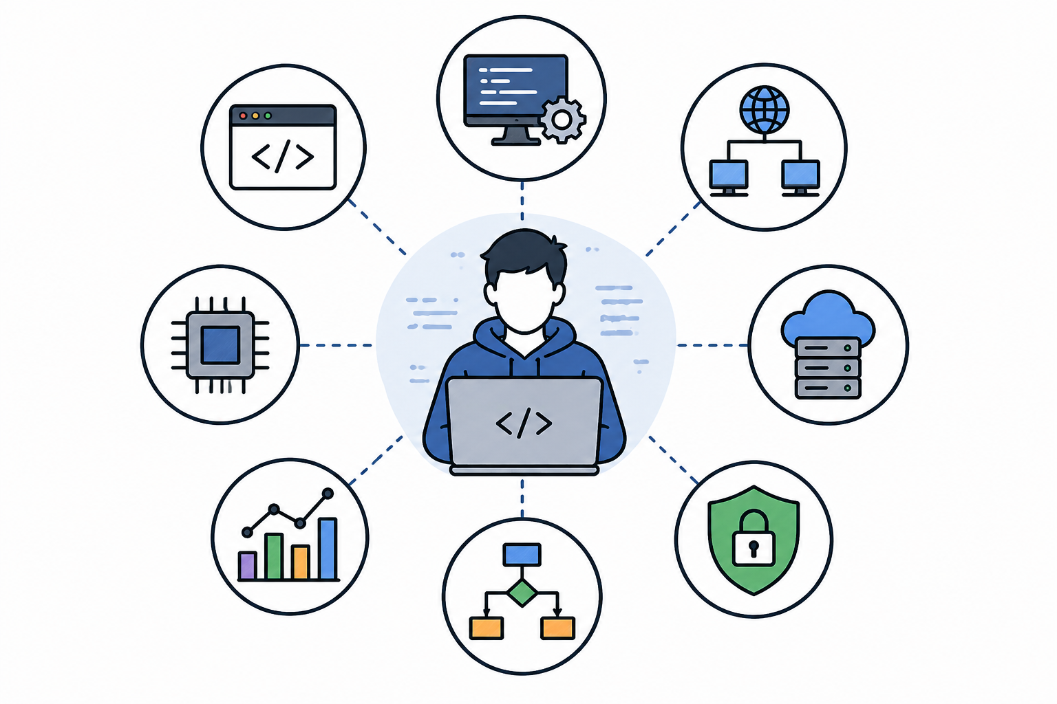 Programador rodeado de íconos tecnológicos