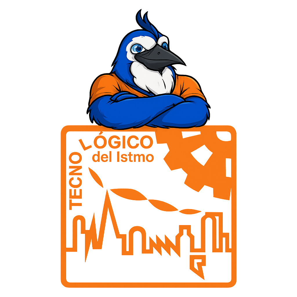 Mascota azul sobre el logo TECNO LÓGICO
